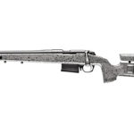Long-range bolt-action rifle with a speckled gray stock and adjustable buttstock, shown in profile.