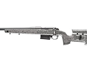 Long-range bolt-action rifle with a speckled gray stock and adjustable buttstock, shown in profile.