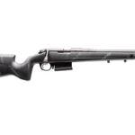 Bolt-action rifle with a dark stock and long barrel, shown from the side.