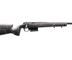 Bolt-action rifle with a dark stock and long barrel, shown from the side.