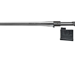 Shoulder-fired rocket launcher with a long gray tube, a pistol grip on the right, and a black ammo canister attached nearby.