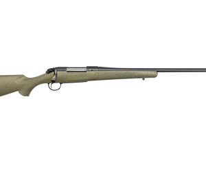 Bolt-action rifle with a tan stock and long barrel, shown from the left side.