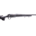 Bolt-action rifle with a carbon-fiber stock shown in side profile with a long barrel.