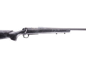 Bolt-action rifle with a carbon-fiber stock shown in side profile with a long barrel.