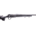 Bolt-action hunting rifle with a black synthetic stock and long barrel, shown from the left side.