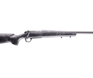 Bolt-action hunting rifle with a black synthetic stock and long barrel, shown from the left side.