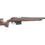 Bolt-action rifle with a tan-brown camo stock, detachable magazine, and long barrel.