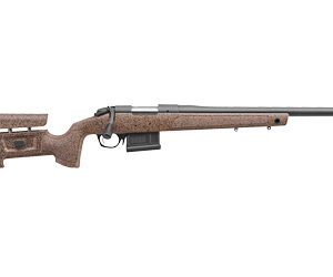 Bolt-action sniper rifle with brown wooden stock and black barrel, shown in side profile.