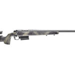 Bolt-action rifle with a long barrel and ergonomic stock viewed from the left