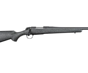 Bolt-action rifle with a long barrel and gray synthetic stock