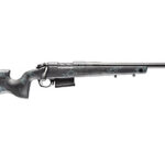 Bolt-action hunting rifle with a carbon-fiber stock and long steel barrel.