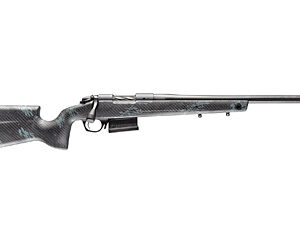 Bolt-action hunting rifle with a carbon-fiber stock and long steel barrel.