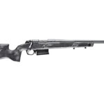 Bolt-action rifle with a camo-pattern stock and a mounted scope along a long barrel.