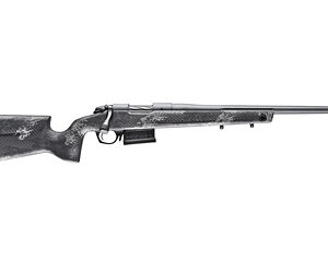 Bolt-action rifle with a camo-pattern stock and a mounted scope along a long barrel.