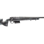 Bolt-action hunting rifle with a dark, checkered stock and long barrel laid horizontally.