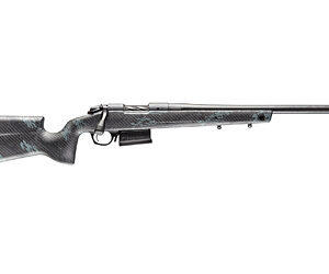 Bolt-action hunting rifle with a dark, checkered stock and long barrel laid horizontally.