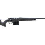 Bolt-action rifle with black synthetic stock and long barrel, shown from the left side with a detachable magazine beneath the action.