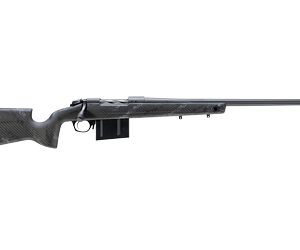 Bolt-action rifle with black synthetic stock and long barrel, shown from the left side with a detachable magazine beneath the action.