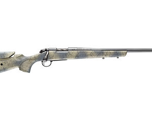 Bolt-action rifle with a camouflaged finish and wooden stock, shown against a white background.