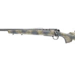 Bolt-action rifle with long steel barrel and wooden stock shown in profile, with bolt and trigger guard visible.