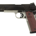 Semi-automatic pistol shown in profile with a black slide and red checkered grip.