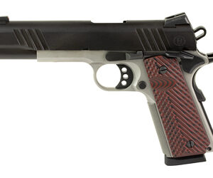 Semi-automatic pistol shown in profile with a black slide and red checkered grip.