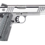 Semi-automatic pistol in a silver finish, shown in side profile with a textured grip.