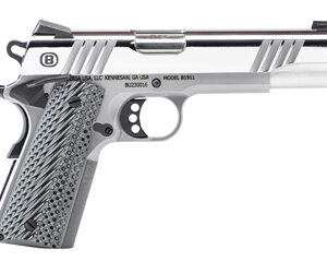 Semi-automatic pistol in a silver finish, shown in side profile with a textured grip.