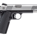 Side view of a silver and black semi-automatic pistol with a textured grip.