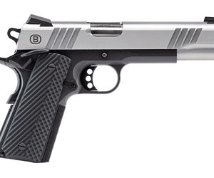 Side view of a silver and black semi-automatic pistol with a textured grip.