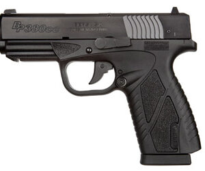 Side view of a black semi-automatic pistol with a textured grip.