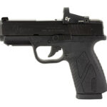 Black semi-automatic handgun with an ergonomic grip and mounted sight seen from the side.