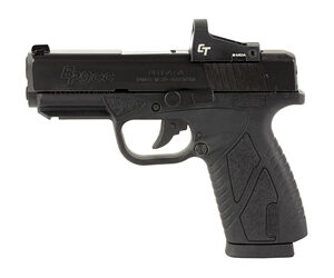 Black semi-automatic handgun with an ergonomic grip and mounted sight seen from the side.