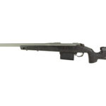 Side view of a precision bolt-action rifle with a long barrel and dark stock, shown from the left.