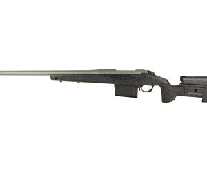 Side view of a precision bolt-action rifle with a long barrel and dark stock, shown from the left.
