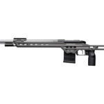 Long-range sniper rifle shown in profile with extended barrel, skeletonized chassis, and adjustable stock