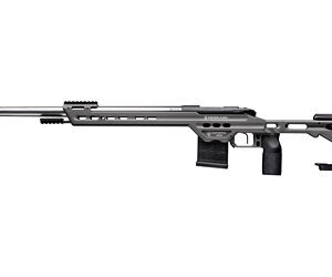 Long-range sniper rifle shown in profile with extended barrel, skeletonized chassis, and adjustable stock