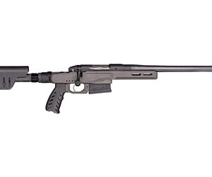 Long-barreled semi-automatic rifle with a collapsible stock and pistol grip.