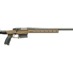Tan-and-black precision rifle with an adjustable stock and long barrel, viewed from the left.