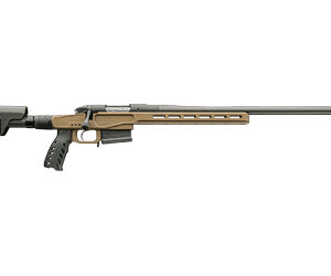 Tan-and-black precision rifle with an adjustable stock and long barrel, viewed from the left.