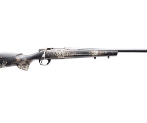 Camouflage-pattern hunting rifle shown in profile with long barrel and stock.