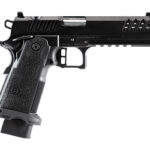 Black semi-automatic pistol with a textured grip and accessory rails on a white background (side view).