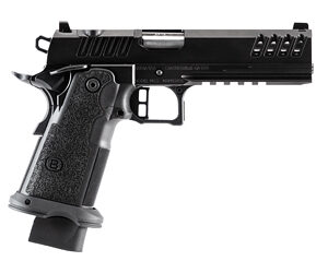 Black semi-automatic pistol with a textured grip and accessory rails on a white background (side view).