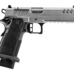 Side view of a silver and black semi-automatic pistol with textured grip