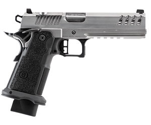 Side view of a silver and black semi-automatic pistol with textured grip