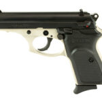 Beige-and-black semi-automatic pistol shown in profile with a long barrel.