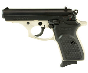 Beige-and-black semi-automatic pistol shown in profile with a long barrel.
