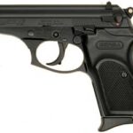 Side view of a black semi-automatic handgun with a textured grip and trigger guard visible