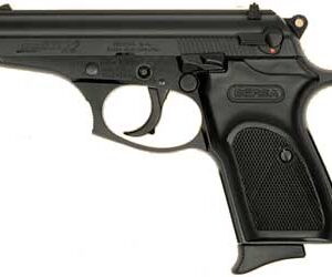 Side view of a black semi-automatic handgun with a textured grip and trigger guard visible