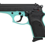 Compact semi-automatic pistol with teal frame and black slide, side view